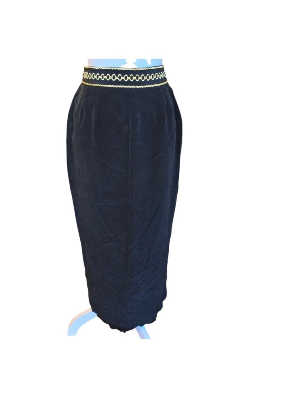 Vintage Jenna 100% Silk Black Gold Trim High Egyptian Midi Skirt Size 10 80s